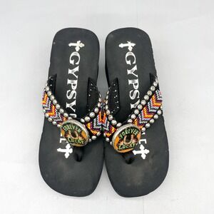 Gypsy Soule Womens 8 Black Wedge Flip Flops Beaded Studded Forever Lucky Boho